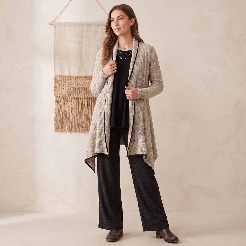 Simply Couture Boucle Duster Cardigan Beige Black Piping Cozy Textured Boho XL